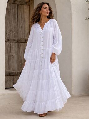 Erika Pena Ella White Tiered Maxi Dress Cotton Voile Button Front Boho OS NWT